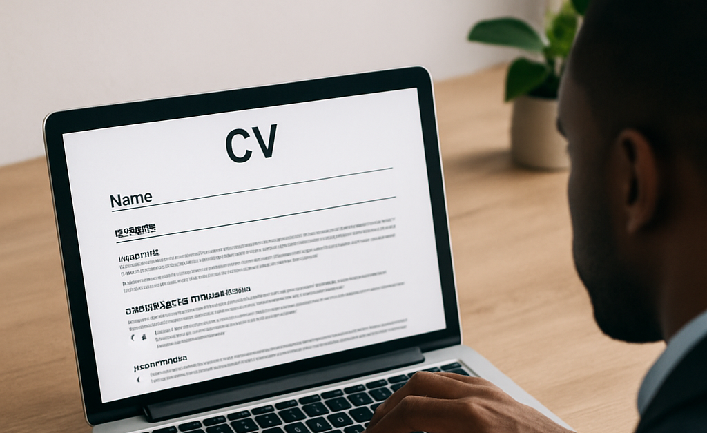 A person meticulously crafting a CV on a laptop.